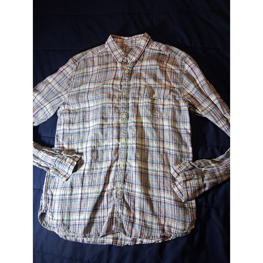 Lucky Brand Classic Fit Men‎ Large 100% Linen Button Shirt Blue Purple Check